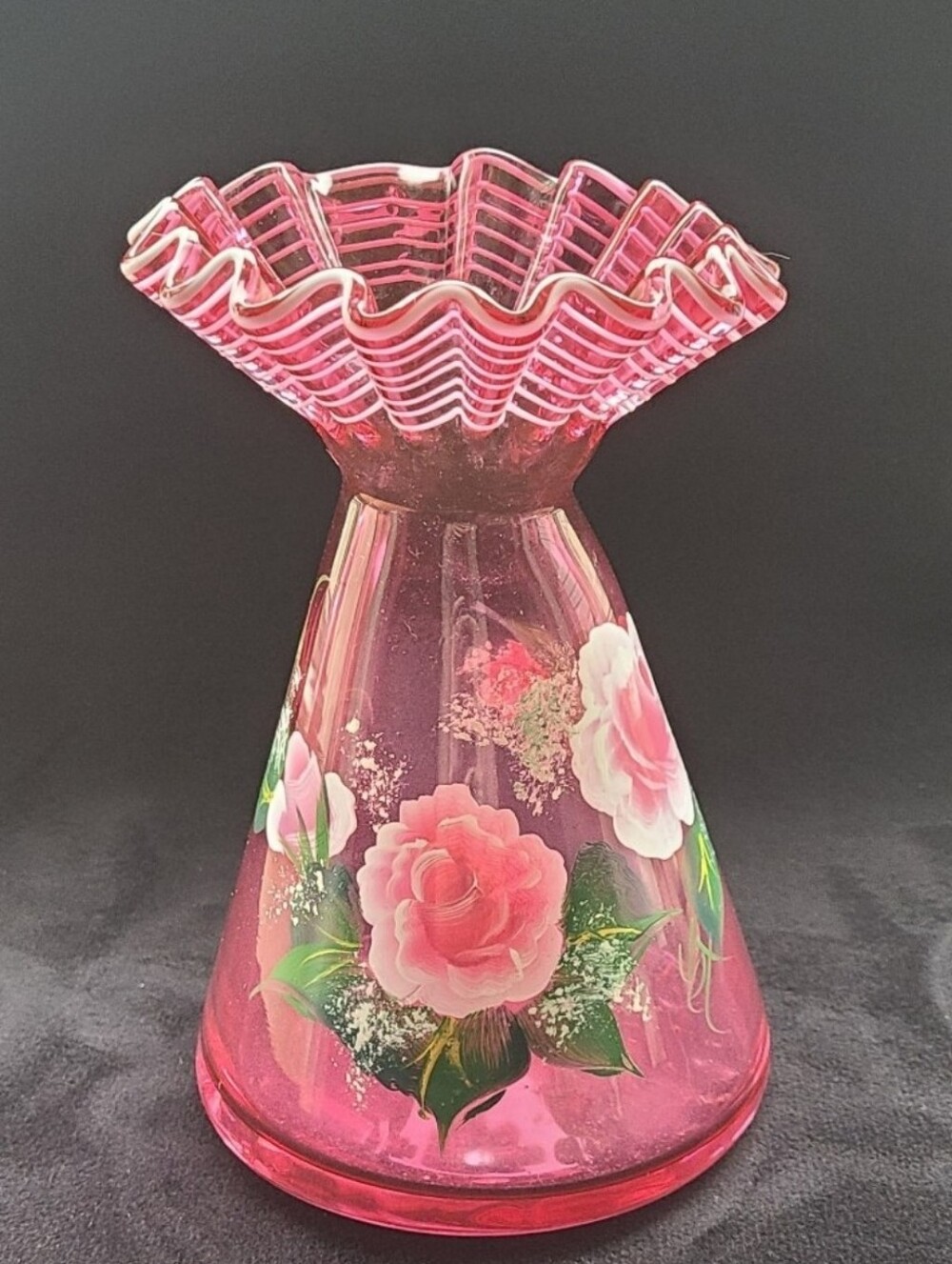 Cranberry Glass Vintage Hand Painted Vase